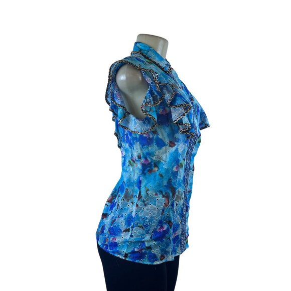 Justcavalli Womens Blue Cotton Printed Blouse Ruffled Sleeves & Leopard Trim 42 - Picture 2 of 9